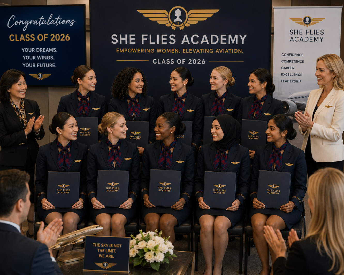 Graduating She Flies Academy class celebrating in uniform with certificates