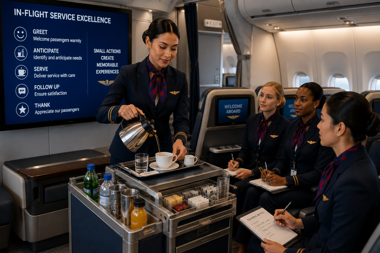 Flight attendant trainee practicing beverage pouring and inflight service inside a premium aircraft cabin