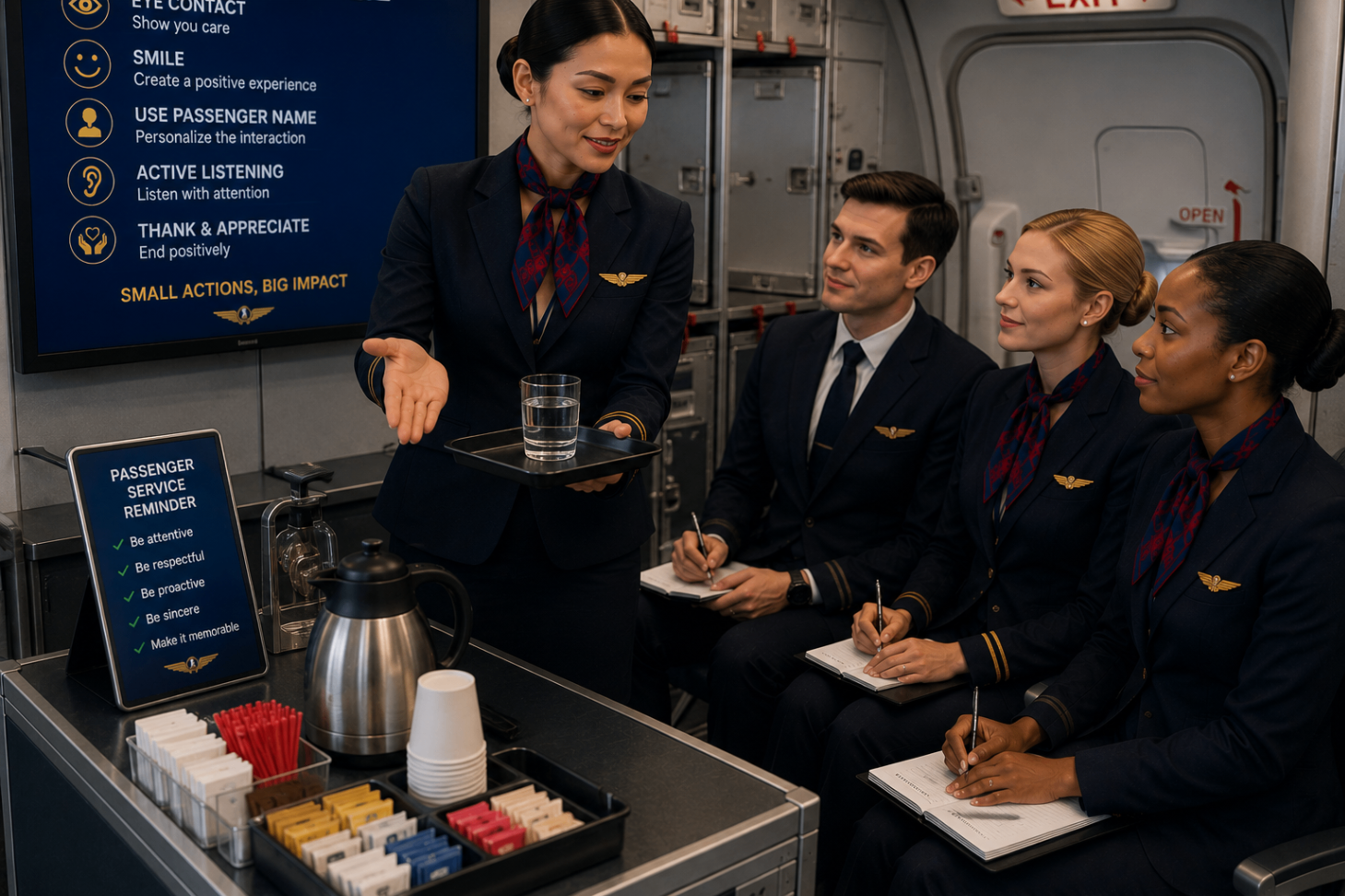 Instructor demonstrating refined tray presentation and guest service techniques to trainee cabin crew inside a private aircraft galley