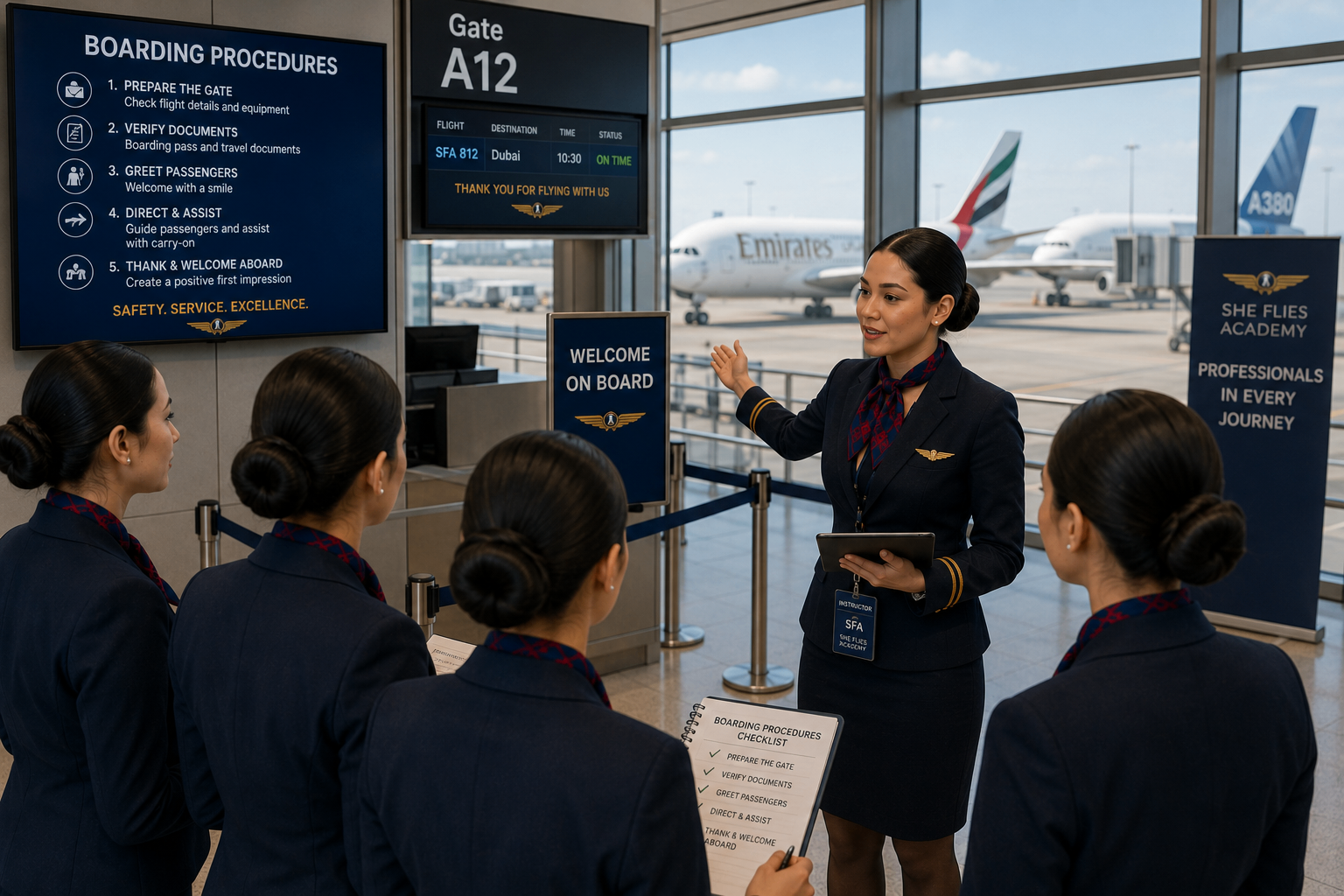 Instructor leading a boarding procedures briefing for trainee flight attendants inside an airport gate area