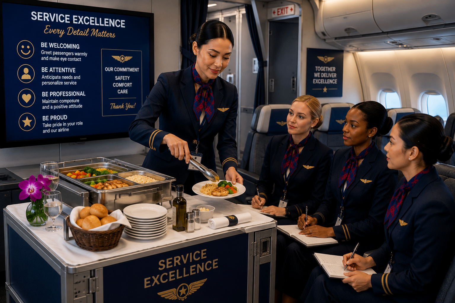 Trainee flight attendants observing premium meal plating and service standards inside an aircraft cabin