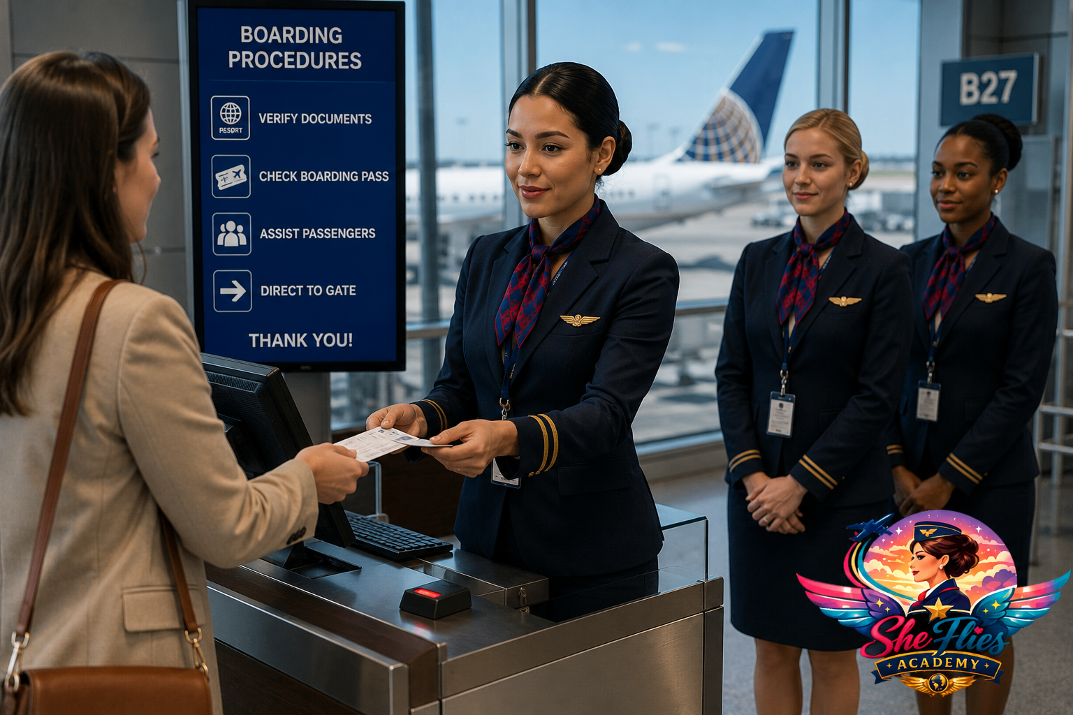 Trainee practicing passenger check-in and document handling at a boarding gate