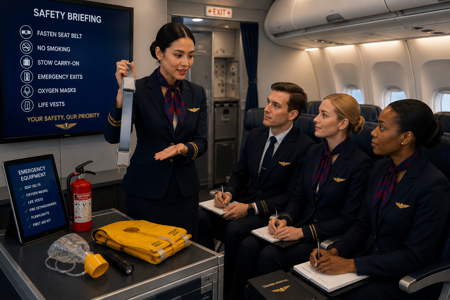 Instructor demonstrating aircraft safety equipment and seatbelt procedures to trainees in a cabin training environment