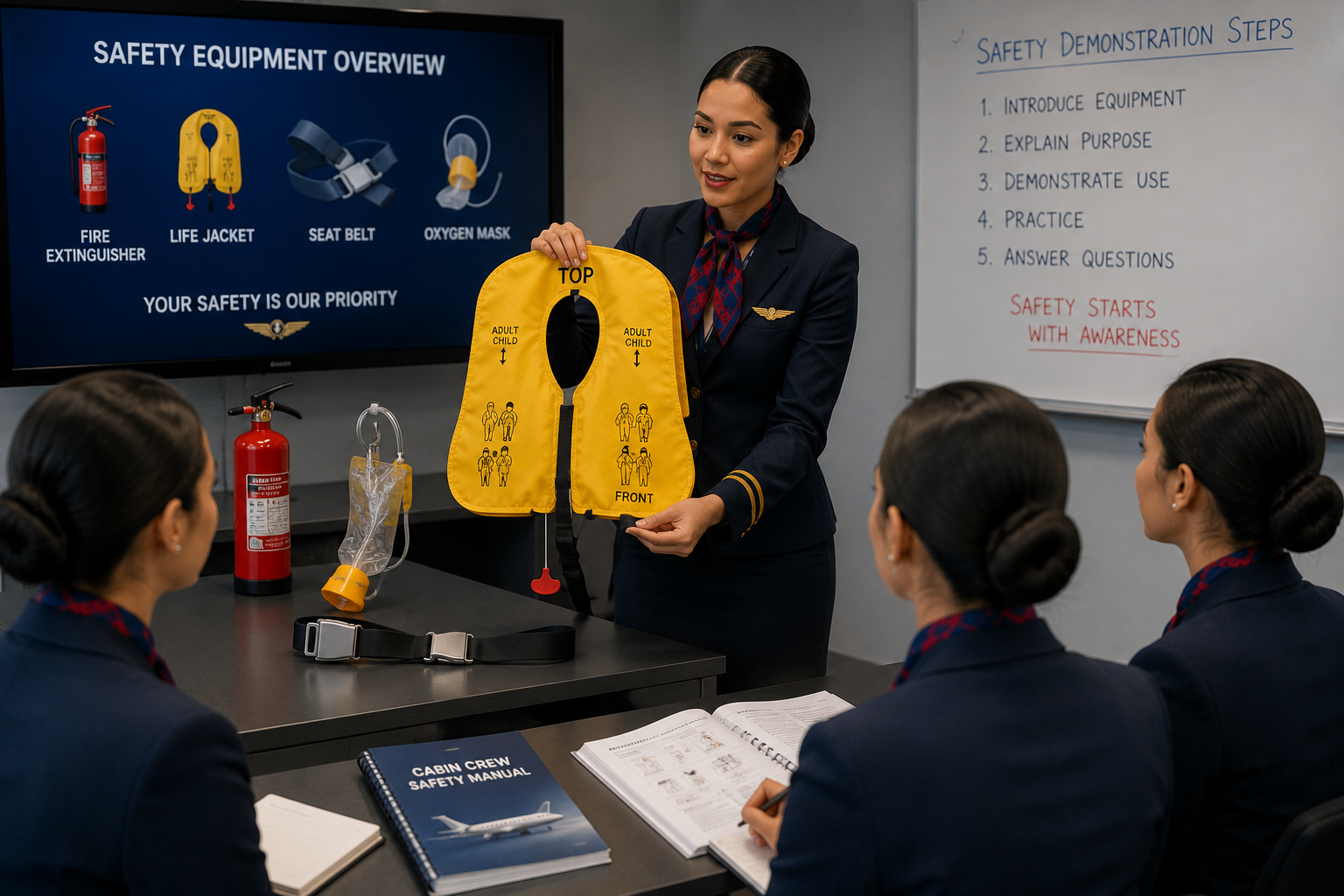 Instructor holding a life vest while trainees study aircraft emergency equipment in a classroom setting